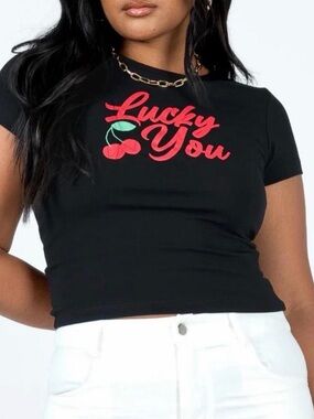 Princess Polly Black Crop Tee with Red Cherry Graphic